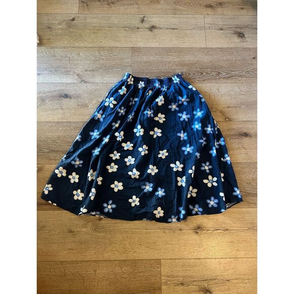 UNIQLO Marimekko Women’s Linen Blend Midi Skirt Navy Blue Floral Size Large - Picture 2 of 4